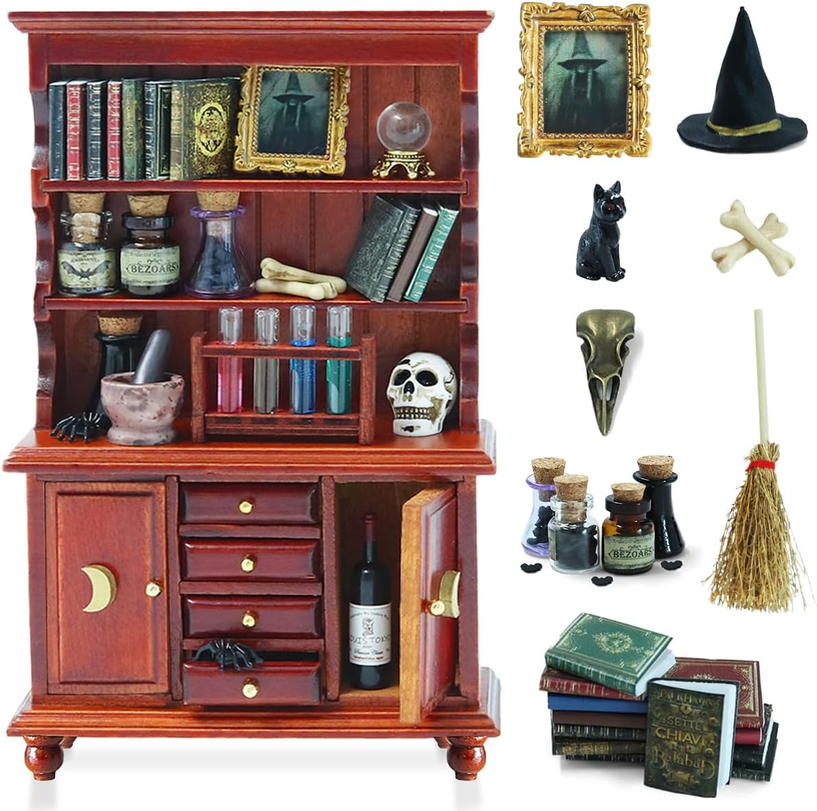 Dollhouse Miniatures 1/12 Scale Accessories, Wooden Bookshelf Furniture Set - Magic Bottle&Potion, Witch Frame and Hat, Mini Bookcase, Haunted Dollhouse Halloween Decorations for Kids Gifts