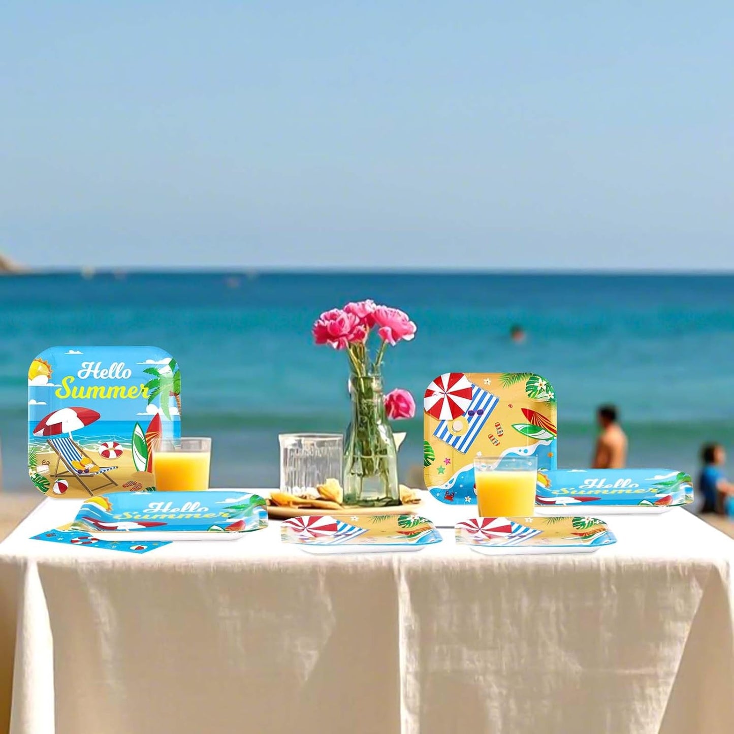 Grencian 200Pcs Beach Party Supplies Hello Summer Party Plates and Napkins Disposable Summer Pool Paper Tableware Set for Hawaiian Beach Pool Birthday Baby Showe Decorations, Serves 50