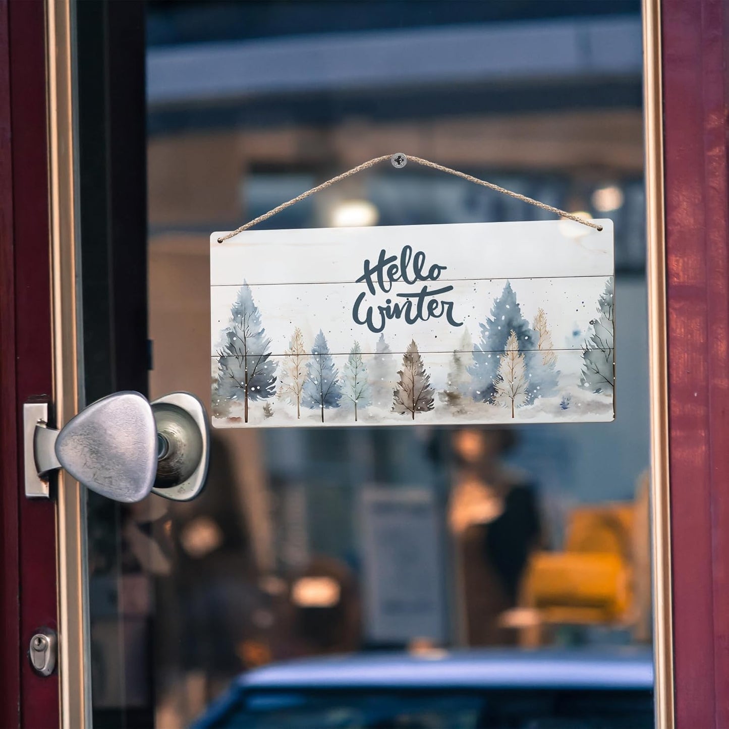 DUXMNAMG Hello Winter Welcome Hanging Wooden Signs 12x6, Pine Tree Decor, Winter Door Decorations, Winter Door Sign, Rustic Winter Christmas Snowflakes Trees Home Room Office Hanging Wall Decor