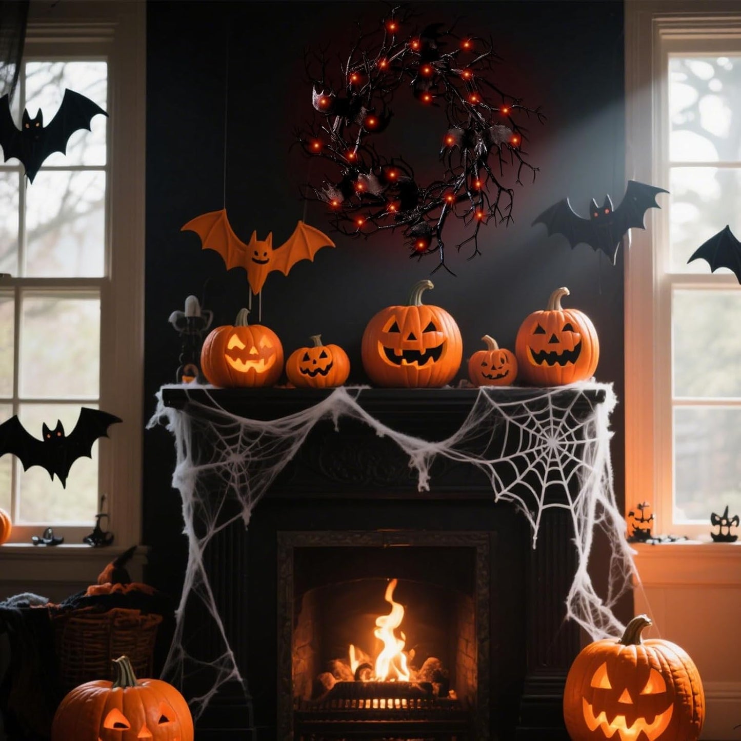 Halloween Black Branch Wreath - 18 Inch Black Twig Halloween Bat Wreaths with Red Lights for Front Door Indoor Outdoor Party Window Wall Decor Farmhouse Garland Yard