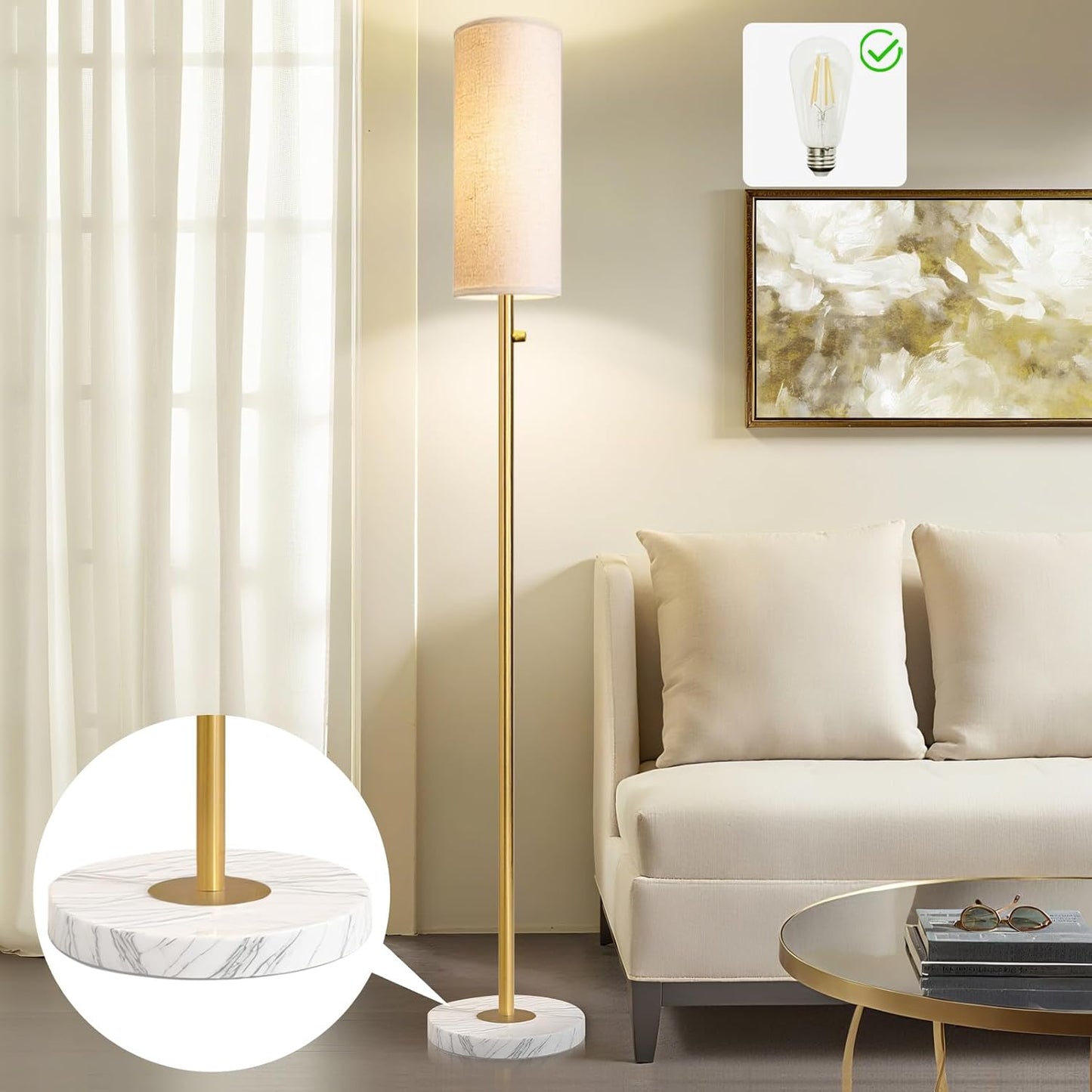 Dimmable Gold Floor Lamp for Living Room,Modern Standing Lamp with Marble Base,LED Bulb Included,Floor Lamps for Bedroom, Living Room,Office,Reading and Nursery(Gold Floor Lamp)