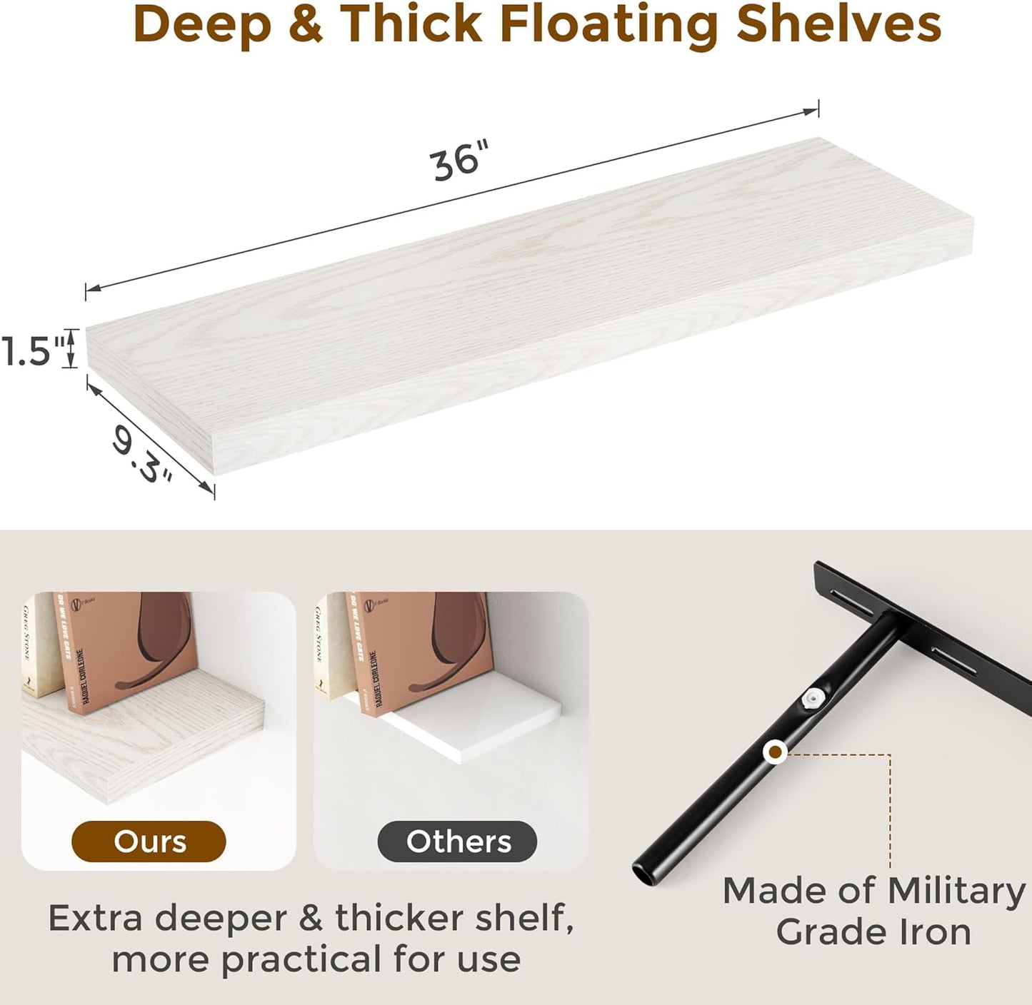 Floating Shelves 48 Inch Long, 48"W x 9"D Wall Shelf Invisible Bracket, 9 Inch Deep Floating Shelf for Wall, Rustic Wooden Shelves for Living Room, Kitchem, Bedroom, Brich Color, Set of 1