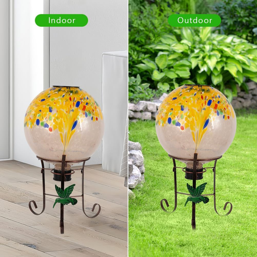 10" Diameter Solar Gazing Ball and 8.5" Metal Stand Indoor Outdoor Yard Art Ornament Coloful Spot Glass Globe Sphere Solar Gazing Balls for Garden,Lawn,Porch,Patio Birthday Gifts for Women,Mom