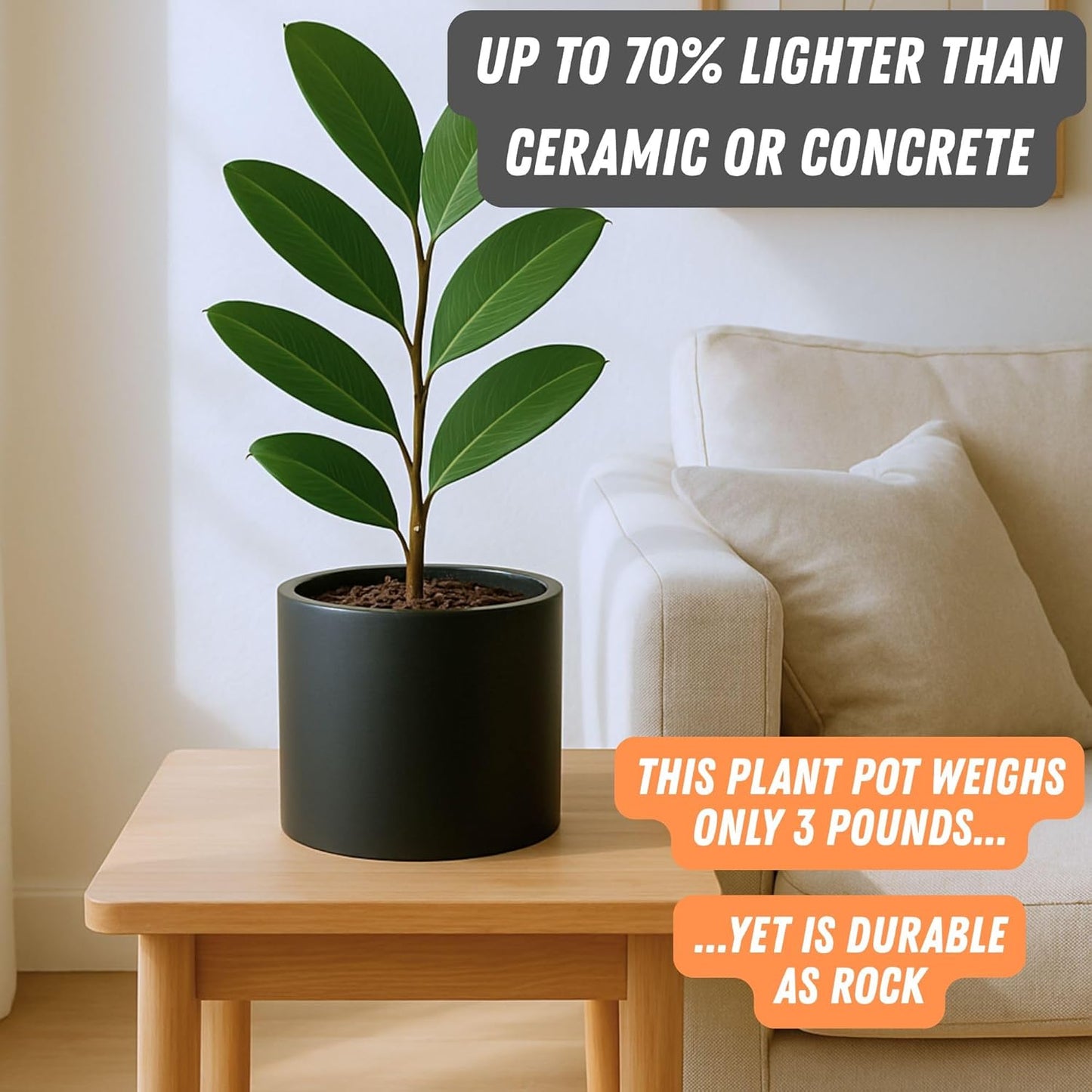 Fox & Fern 8 Inch Black Plant Pot with Drainage Plug — Premium Lightweight Fiberstone Matte Black Planter; 8 Inch Pots for Plants; for Indoor & Outdoor Use; Weather Resistant & UV Resistant