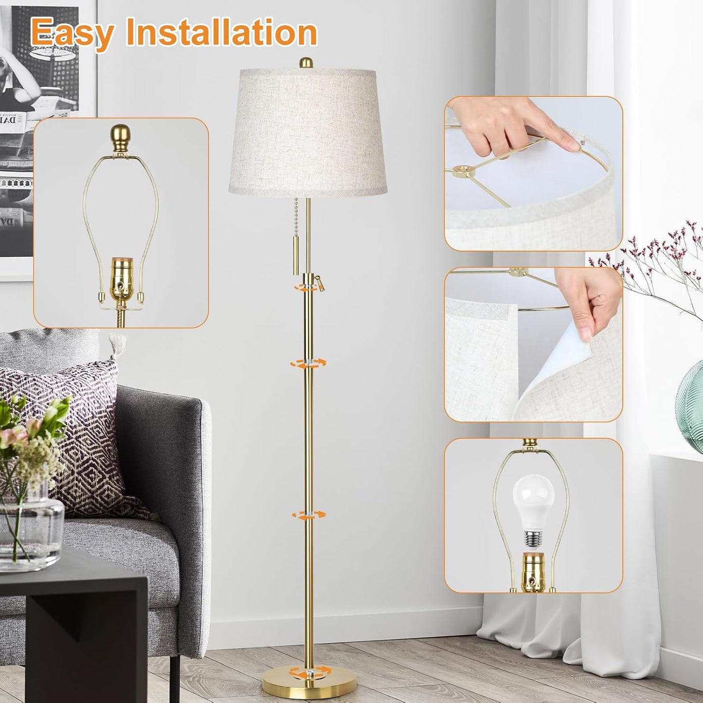 Gold Floor Lamp for Living Room 55-65" Adjustable Modern Brass Standing Lamp with Pull Chain Tall Pole Light with Beige Shade for Bedroom Reading Office Corner Nursery 9W LED Bulb Included 3 ColorTemp