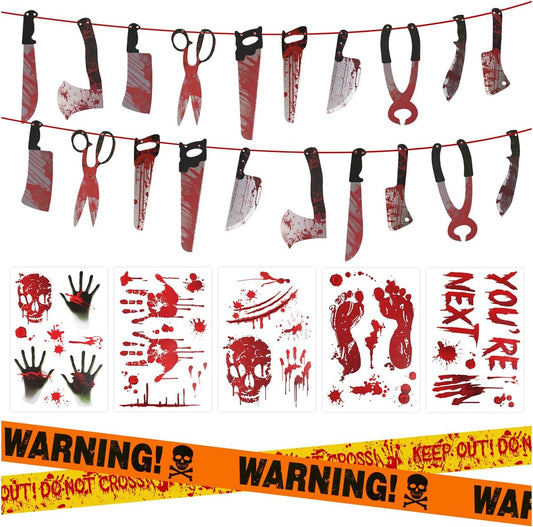Halloween Decorations, 5 Sheets Wall Decals-Bloody Handprint Stickers, 2 Pack Halloween Banners and 2 PCS Caution Tape Rolls 3inx30ft for Indoor, Outdoor, Party Decor, Haunted Mansion