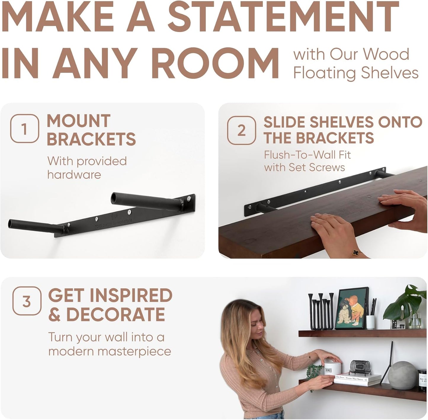 Homeforia 48 inch Walnut Floating Shelf, High End Solid Real Wood Large 48inch Floating Shelves for Wall, Dark Brown 48 inches Long Floating Shelves, Heavy Duty Bracket, 48 X 6.5 X 1.75 inch, Set of 2