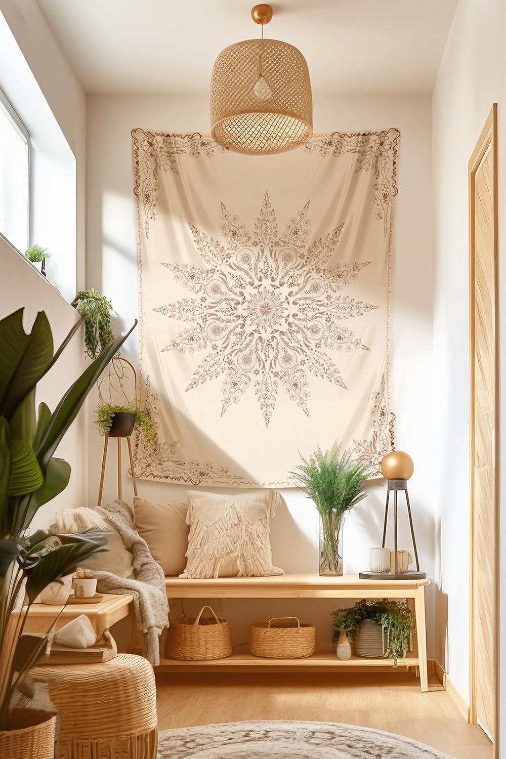 Damanse Floral Tapestry Wall Hanging Cute,Boho Wall Tapestry for Bedroom Aesthetic,Mandala Living Room Decor for Teen Girls (Flaxen, 59.80" x 78.70")
