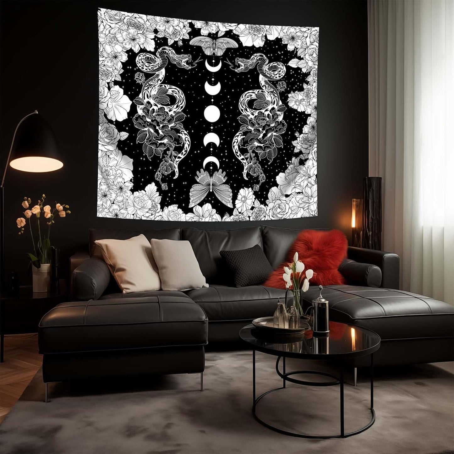 dueeia Moon Phase Witchy Tapestry Wall Hanging Snake Witch Occult Black and White Dark Tapestries for Bedroom Aesthetic Living Room Wall Decor (28.7"x37.4")