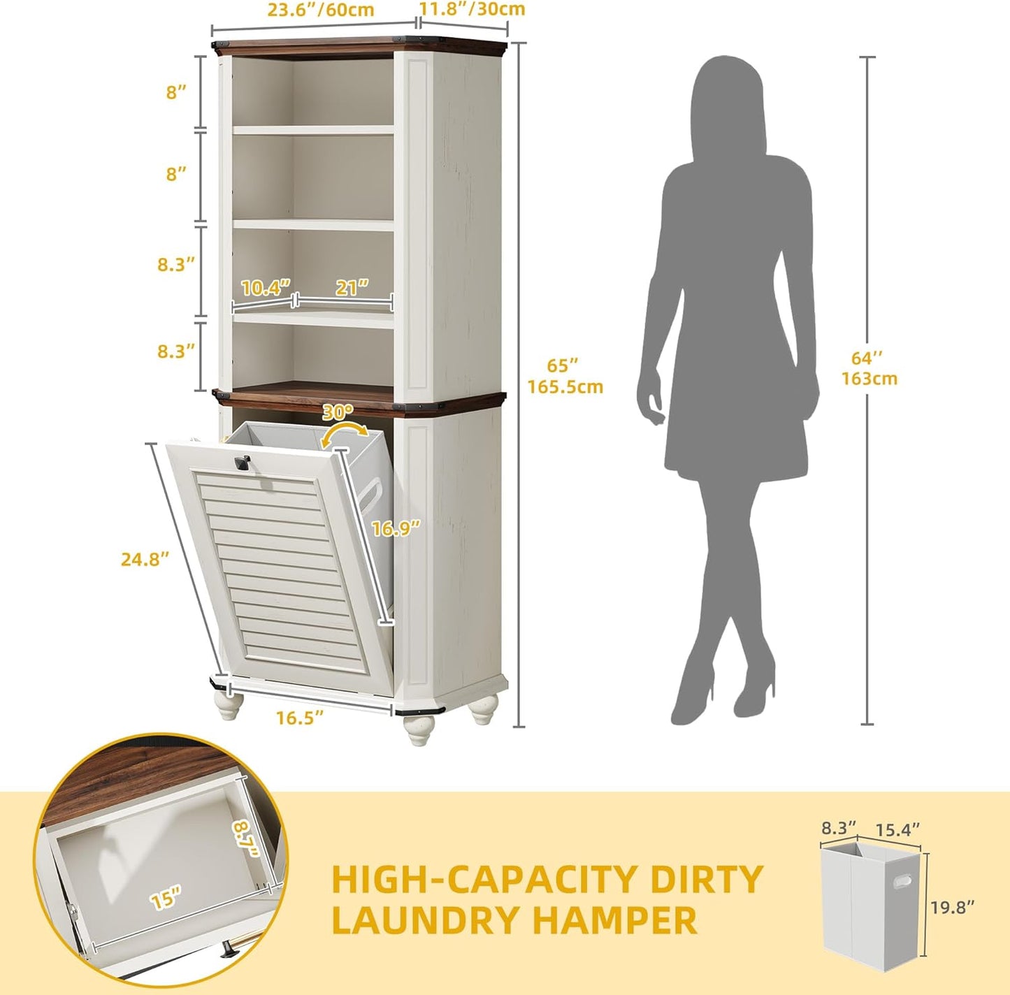 DWVO Tilt Out Laundry Hamper, Farmhouse 4-Tier Storage Cabinet with Removable Laundry Basket, Laundry Hamper Organizer with 2 Adjustable Shelves for Laundry Room, Bathroom, White