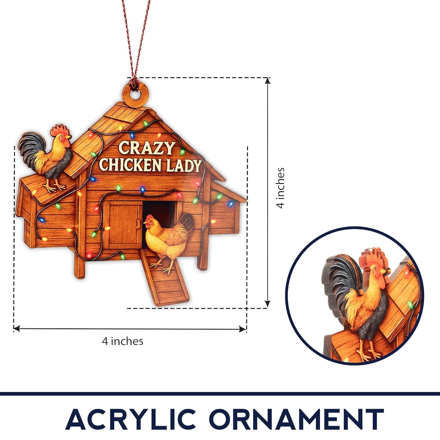 Crazy Chicken Lady Ornament – Chicken Lover Gifts | Farmhouse Christmas Ornament + Backyard Chicken Decor – Hen and Rooster Ornament – Funny Poultry Suncatcher Window Hanging – Car Hanging
