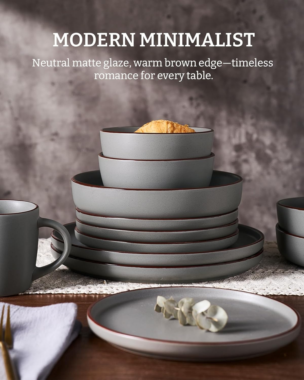 Famiware Mercury Plates and Bowls Sets, 18 Pieces Stoneware Dinnerware Sets, Dishes Set for 6, Microwave and Dishwasher Safe, Dark Grey