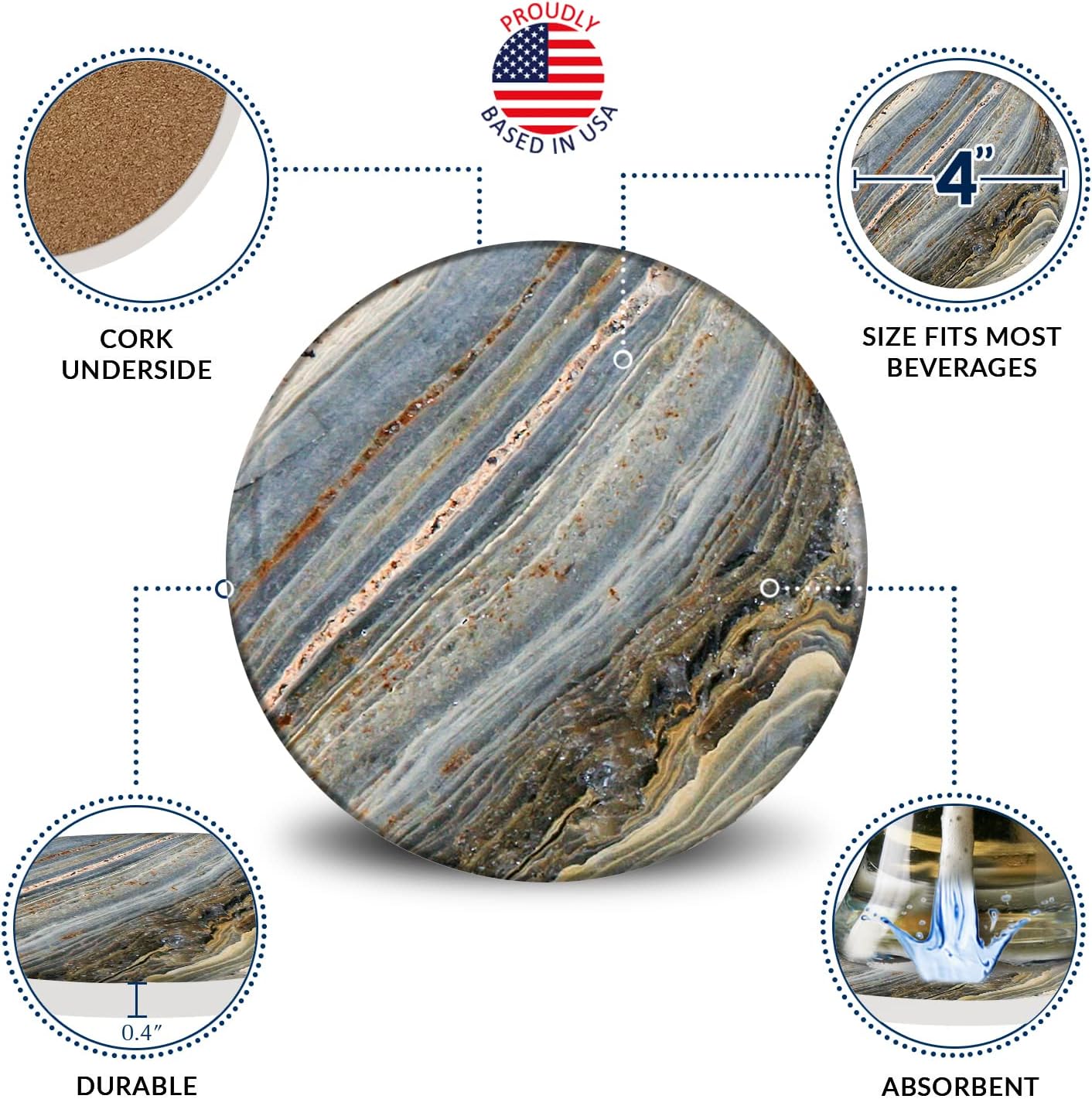 Emerson Coasters for Drinks Absorbent – Natural Stone Drink Coasters Set with Holder, Coasters for Coffee Table, Wooden Tabletop Protection Marble Style – 100% Heavy Duty Set of 6 (Moon)