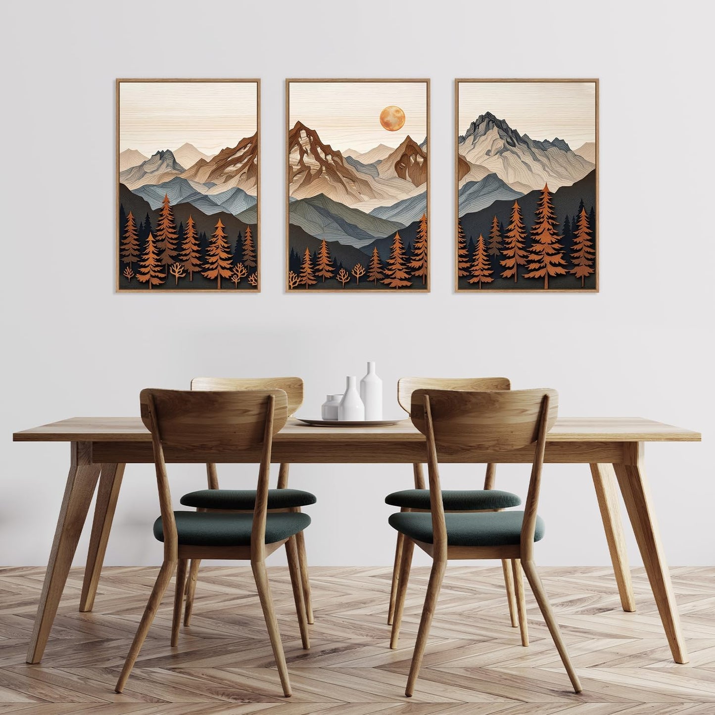 HLNIUC Large Boho Mountain Framed Canvas Wall Art Set,Woodcut Style Mountain Wall Decor,Vintage Forest Pine tree Art Prints,Nature Sunrise Landscape Wall Painting for Living Room,Bedroom - 16”x24”x3