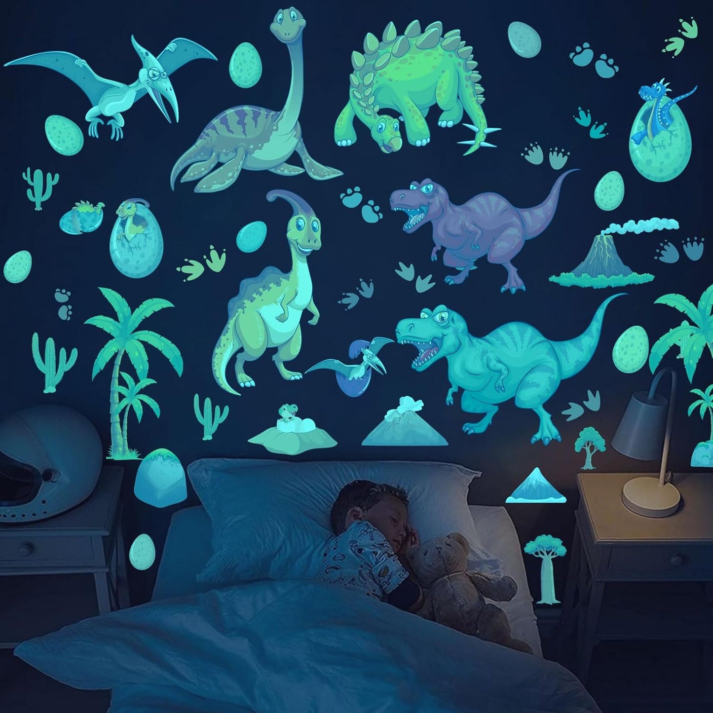 Glow in The Dark Wall Decals - Colorful Large Removable Self-Adhesive Dinosaur Decal for Ceiling, Boys Bedroom, Kids Baby Nursery, Living Room Decoration