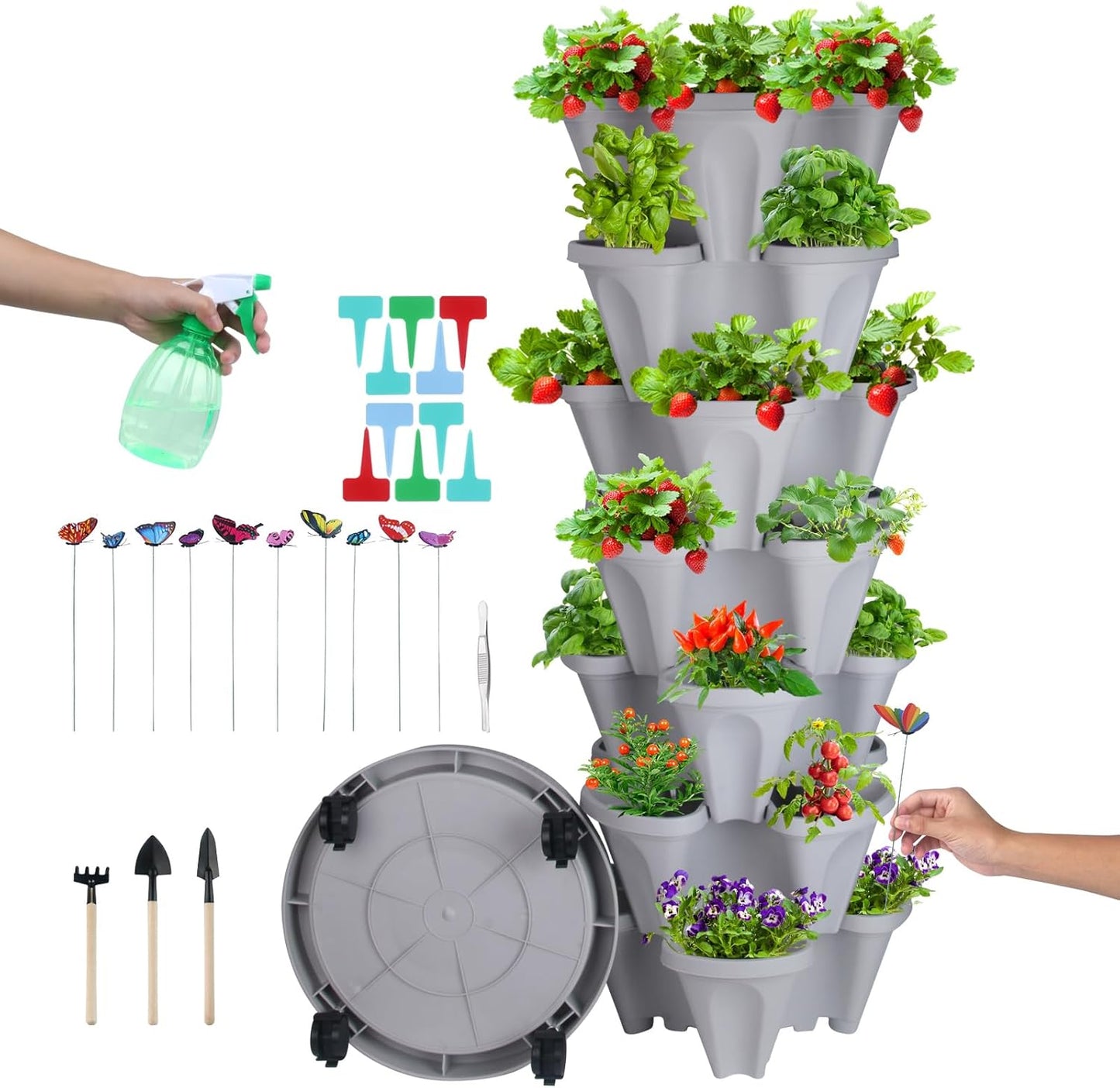 DUNCHATY Stackable Planter, Vertical Strawberry Planter with Garen Tool Set, Self Watering Garden Planter Indoor/Outdoor 7 Tier Herb Planter Pots for Growing Vegetables and Succulents, Gray