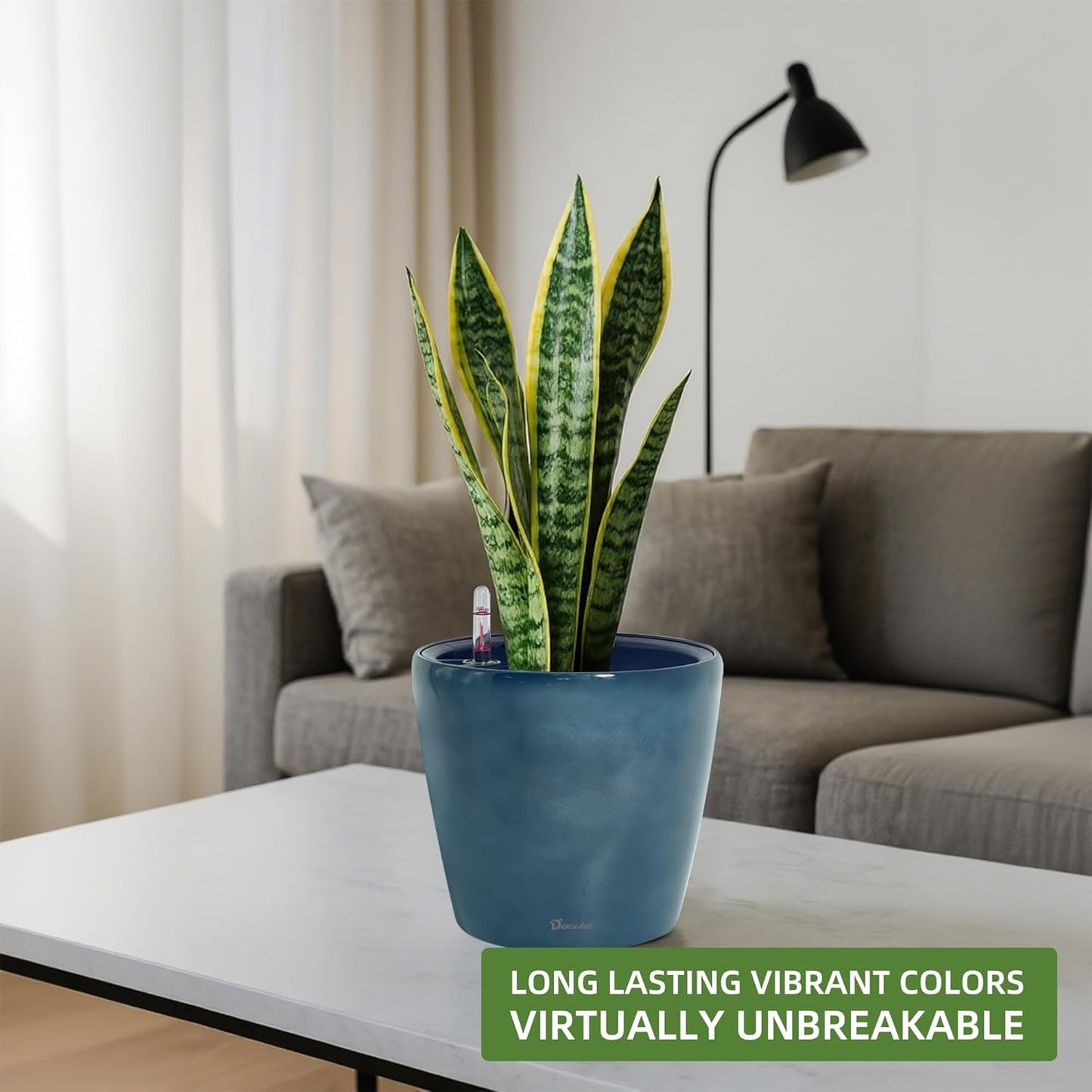 Dexceder 9x8 Inches Self Watering Planter Indoor Outdoor, Inner Pot Design, Thickened Table Flower Plant Pot with Water Level Indicator (Grayish Green Gradient)