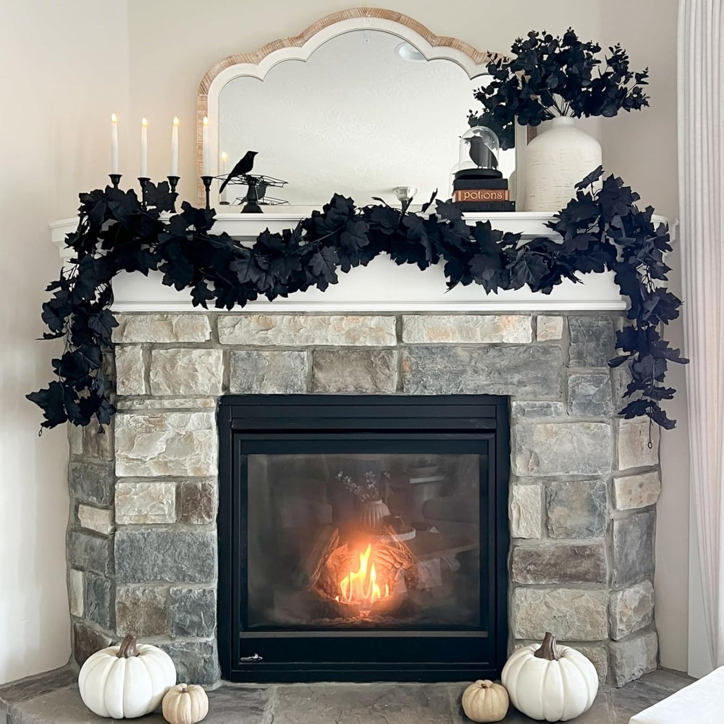 CQURE 8 Pack Black Fall Leaf Garland,Total 35.4Ft Halloween Garland Hanging Vines Artificial Fall Maple Leaves Thanksgiving Decor for Home Wedding Fireplace Christmas