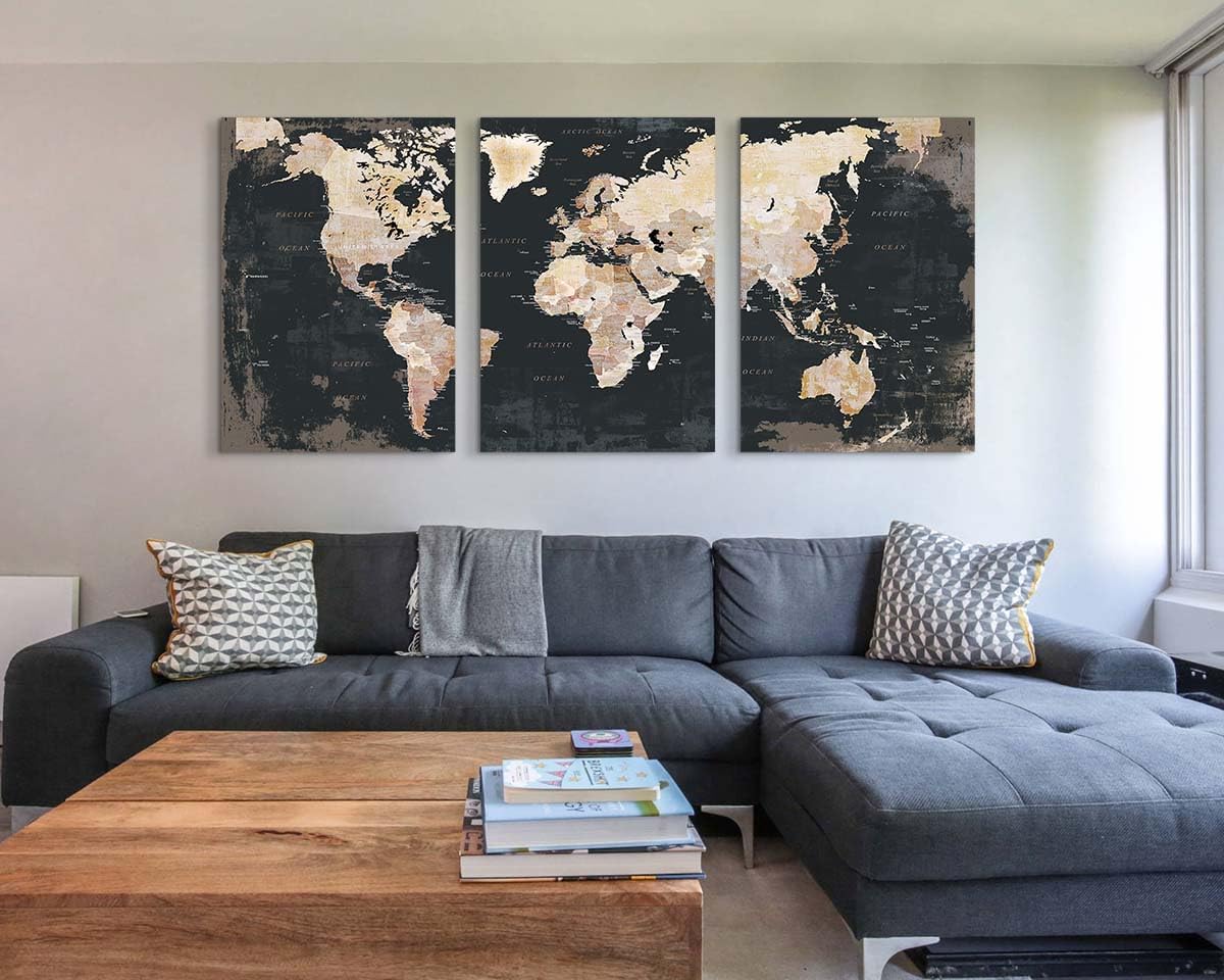 Elixart Wall Decor Living Room Canvas Wall Art Framed Black Kitchen Pictures Office Decorations For Work Vintage Home Decor Map Artwork Painting Oversize Large
