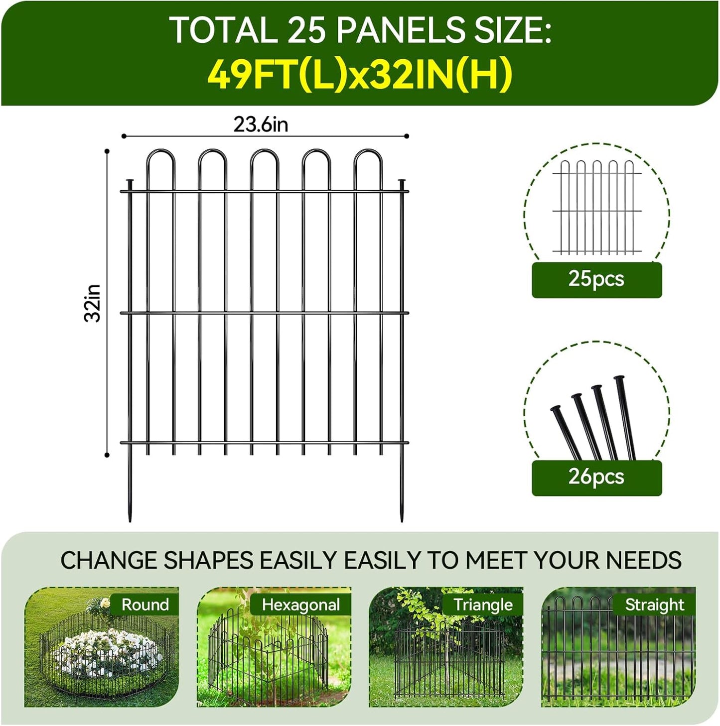 25 Panels Decorative Garden Fence, 50ft X 32in Rustproof Metal Animal Barrier Fence, No Dig Fence Garden Fence, Arched Flower Bed Edging Ornamental Wire Border Fencing for Outdoor Yard, Patio Decor