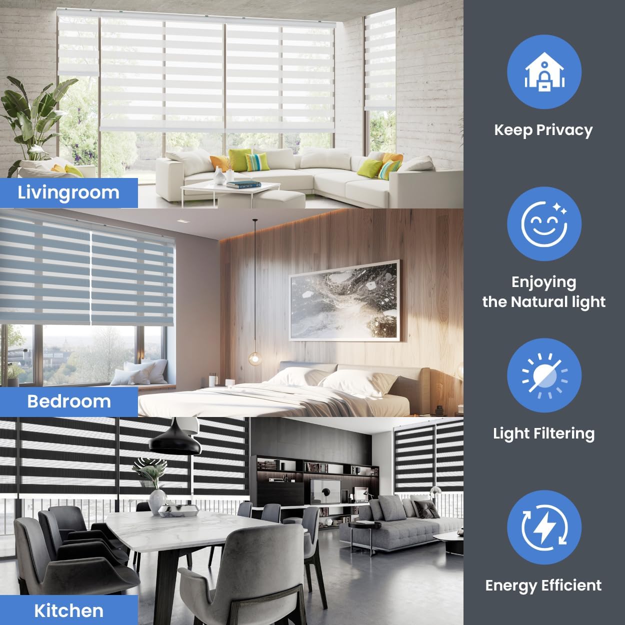 Foiresoft Standard Zebra Roller Blinds for Windows [W42 x H64 Inch, White, Basic], Light Filtering Dual Layer Shades for Bedroom, Living Room, Office, 13 Colors