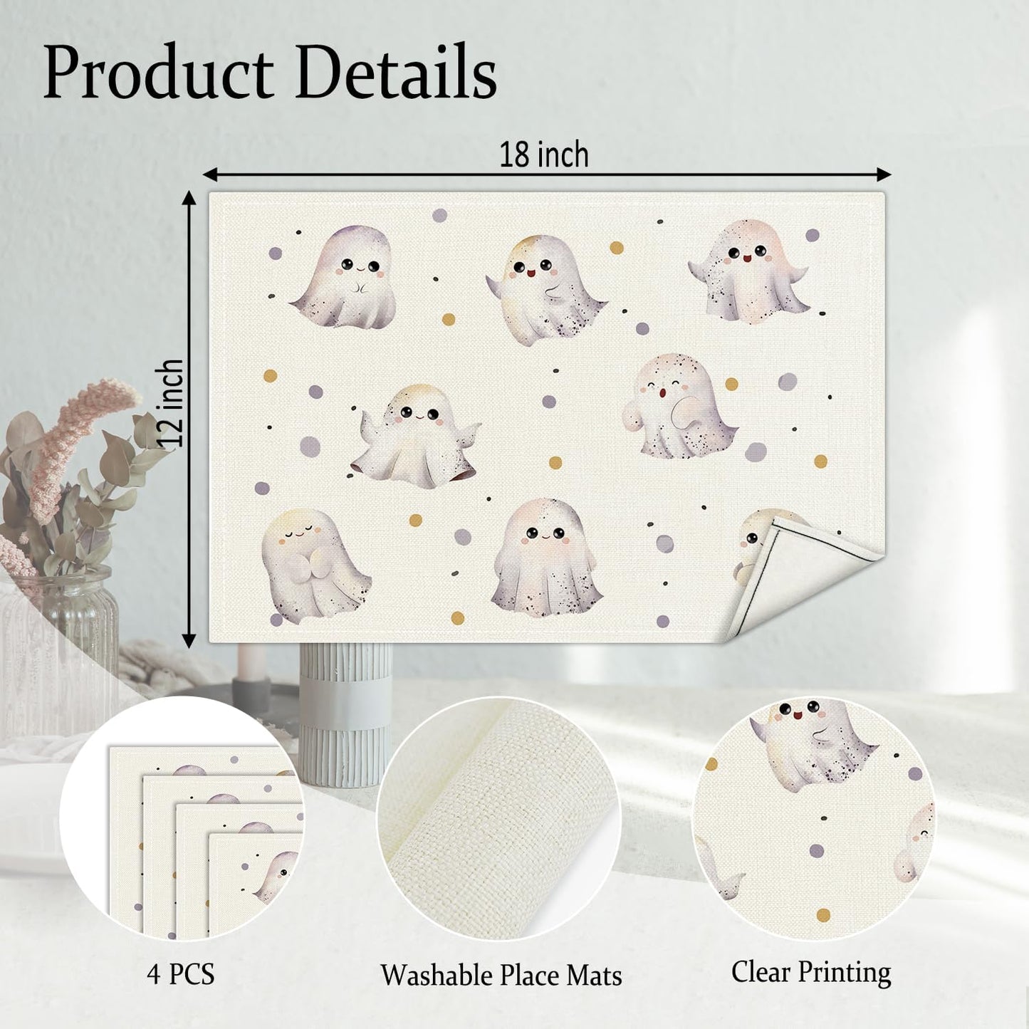 Halloween Placemats Set of 4, Cute Ghost Table Mat for Home Kitchen, Restaurants, Outdoor Linen Washable Place Mats 12x18 inch Party Event Dining Decoration-14