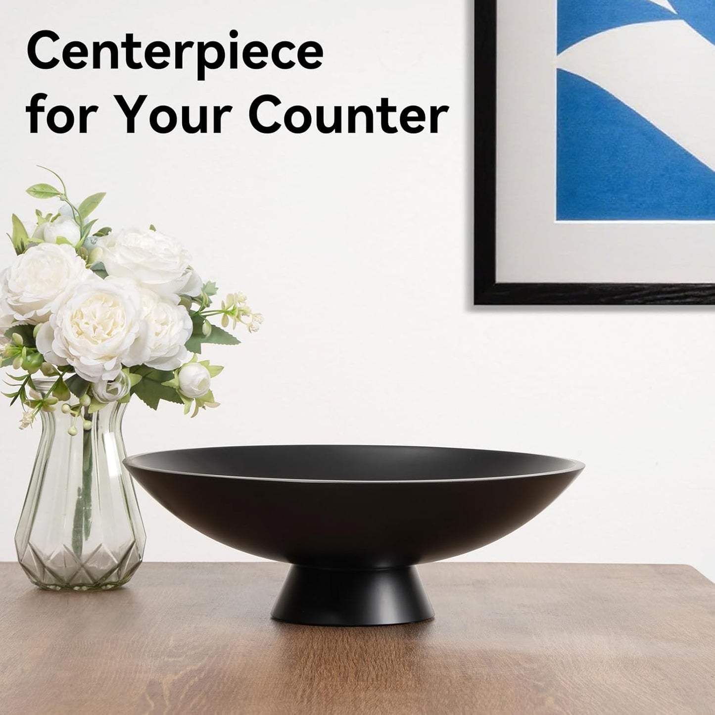 Decorative fruit bowl for Home Decor Large Modern Handicraft Key Bowl for Entryway Table Stylish Centerpiece Purse Bowl Pedestal bowl for Kitchen Counter Coffee Table(Artificial Stone Black)