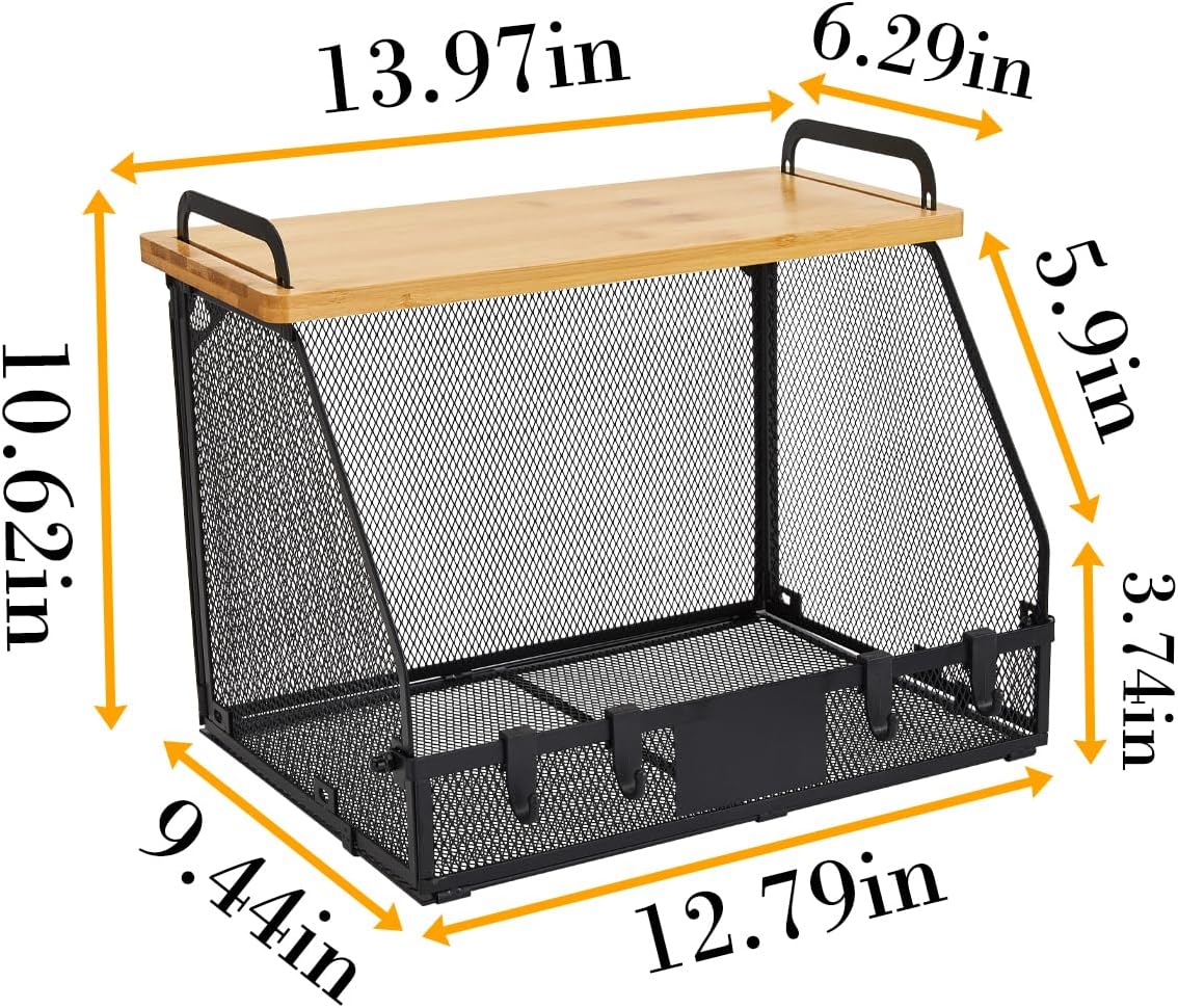 1 SET Large fruit basket for kitchen counter-stackable basket with Bamboo Tops & Tag,hanging wall baske,for Cabinet Shelf Countertop pantry storaget, onion potato Vegs Bread Food Organizing Bin,BLACK