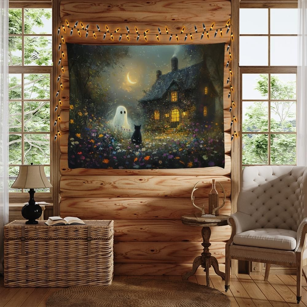Halloween Black Cat and Ghost Tapestry Wall Hanging for Spooky Cute Bedroom Decor Dark Academia Moon Wildflower Cottage Tapestries Aesthetic for Home Living Room Decoration 40x60inch
