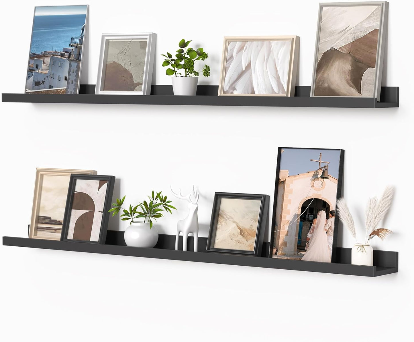 Heimlove Picture Ledge Shelf, Floating Shelves Set of 2, 48 Inches Picture Shelf for Wall with Ledge, Kids Bookshelf Wall Mounted for Living Room Bedroom Decor Books Photo Frames, Black