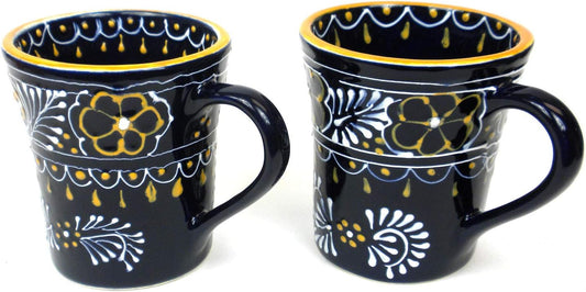 Encantada Handmade Hand-Painted Authentic Mexican Pottery Mugs (2-Pack, Blue Helecho)