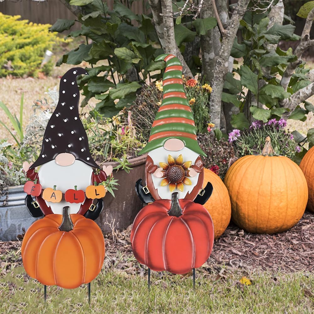 hogardeck Fall Decorations for Home Outdoor, 2 Pcs Metal Gnome Decorative Garden Stakes with Pumpkins for Fall Decor, Yard Signs for Garden Home Lawn Patio Thanksgiving Decorations