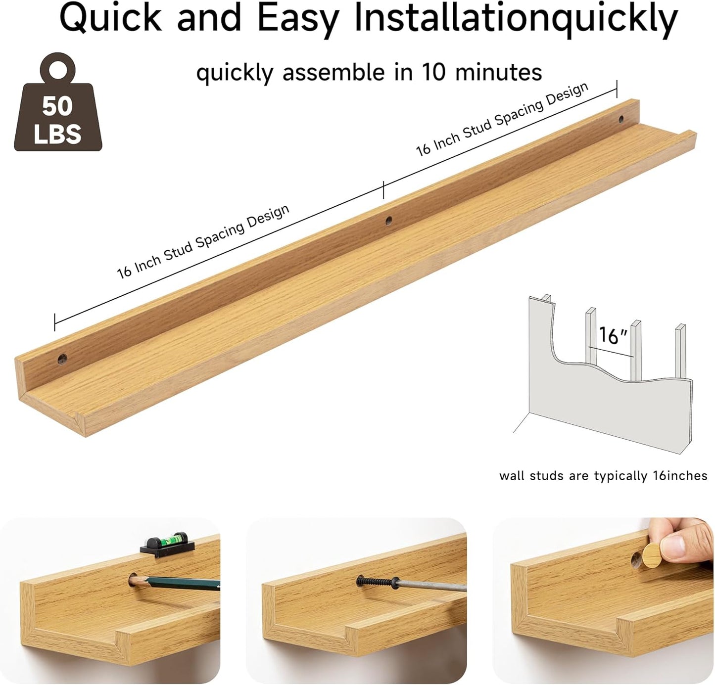 Fun Memories Picture Ledge Shelf, 36 Inch Floating Shelves Set of 2, Nursery Book Shelves for Toys Storage, Kids Bookshelf Wall Mounted for Wall Decor Books Photo Frames, Oak