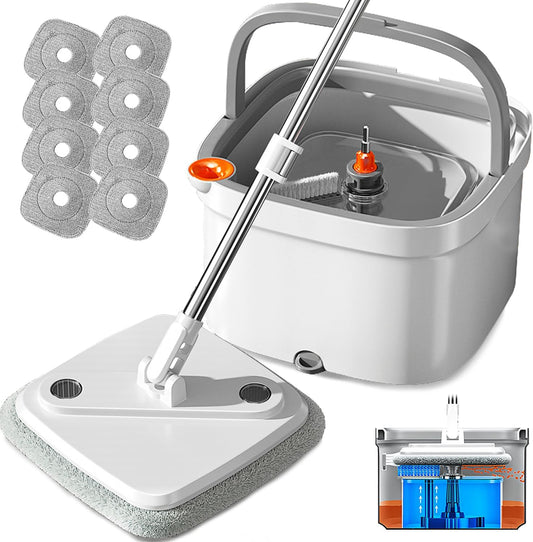 KZKR Spin Mop and Bucket Set with Self Separation Dirty and Clean Water System, Self Wringing 360° Rotating Square Mop Head for Home Floors Cleaning (1.0 Mop and Bucket Set (8 Pads))
