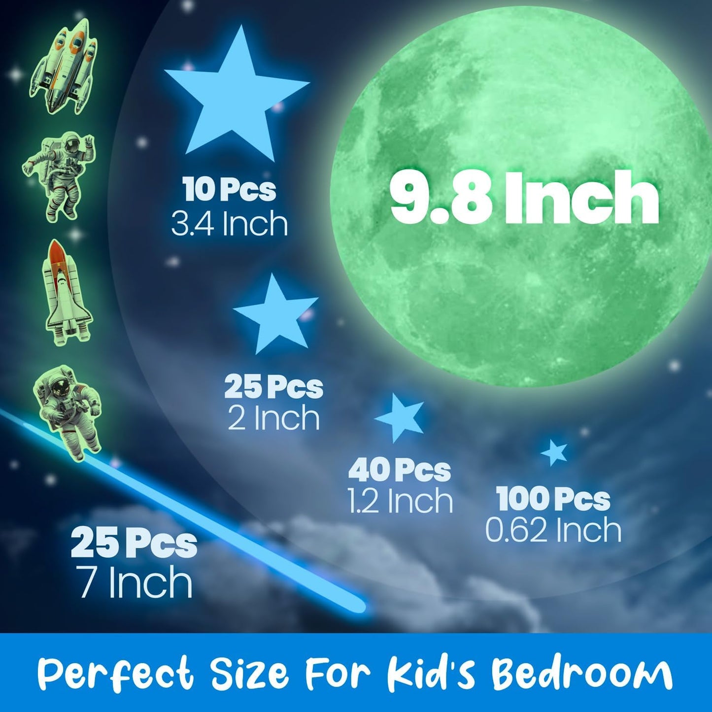 Glow in The Dark Stars for Ceiling, Luminous Stars and Moon USA Astronaut Rocket Spaceship Wall Decals, Space Decoration, Sticky Fluorescence Stars, Kids Room Decor, Galaxy Wall Stickers