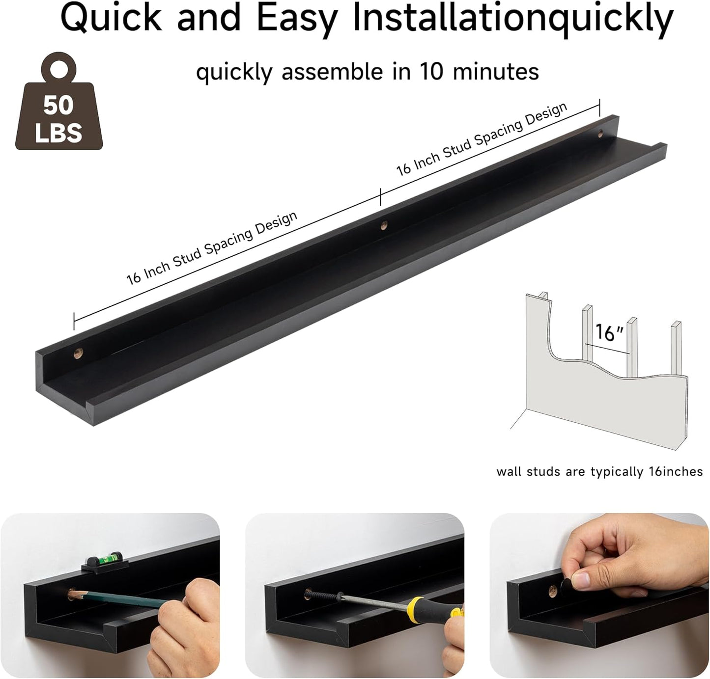 Fun Memories Picture Ledge Shelf, 36 Inch Floating Shelves Set of 2, Nursery Book Shelves for Toys Storage, Kids Bookshelf Wall Mounted for Wall Decor Books Photo Frames, Black