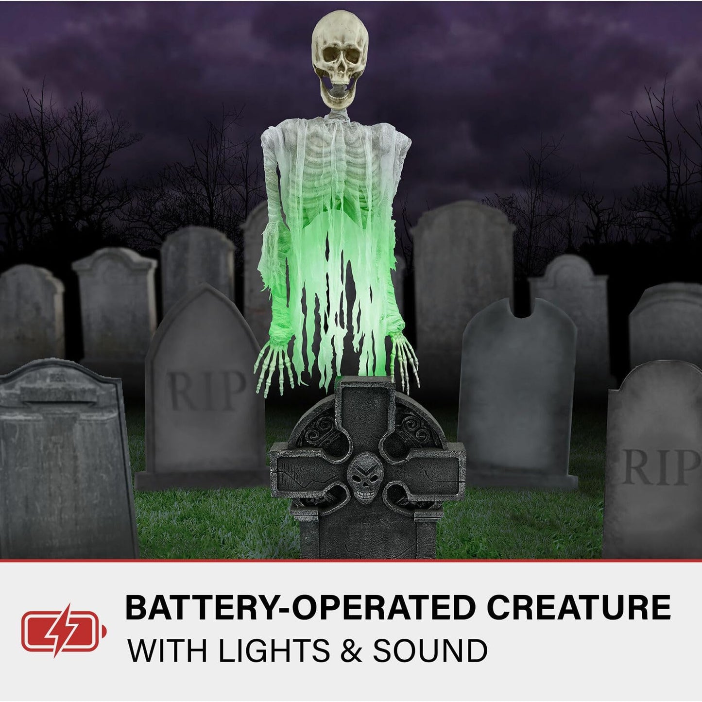 Haunted Hill Farm Motion Activated Floating Skeleton Ghost Over Tombstone by Tekky, Battery Operated Halloween Animatronic for Indoor or Covered Outdoor Creepy Halloween Decorations, Halloween Props
