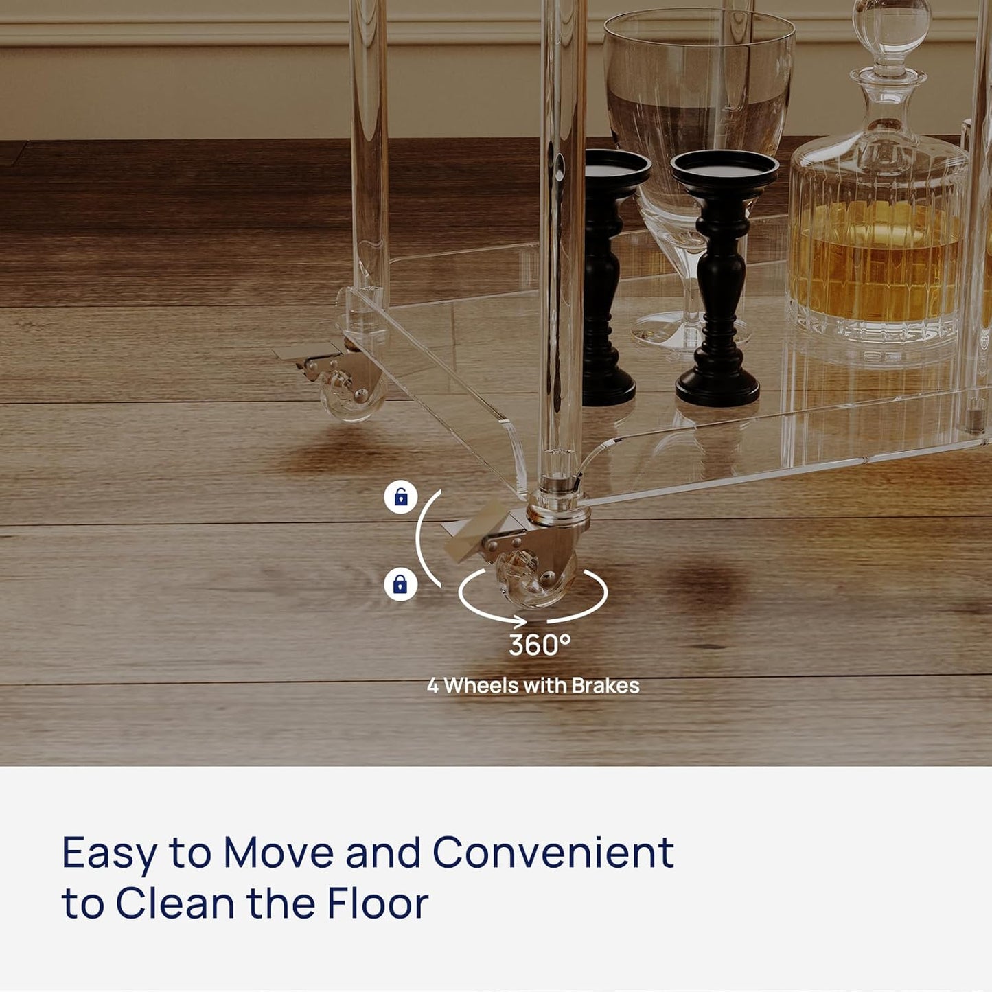 HMYHUM Acrylic Bar Cart with 4 Lockable Wheels, 3 Tier Clear Serving Cart with Glass Holder, Rolling Beverage Cart for Home, Kitchen, Dinning Room, 23.6''D x 15''W x 32.3''H