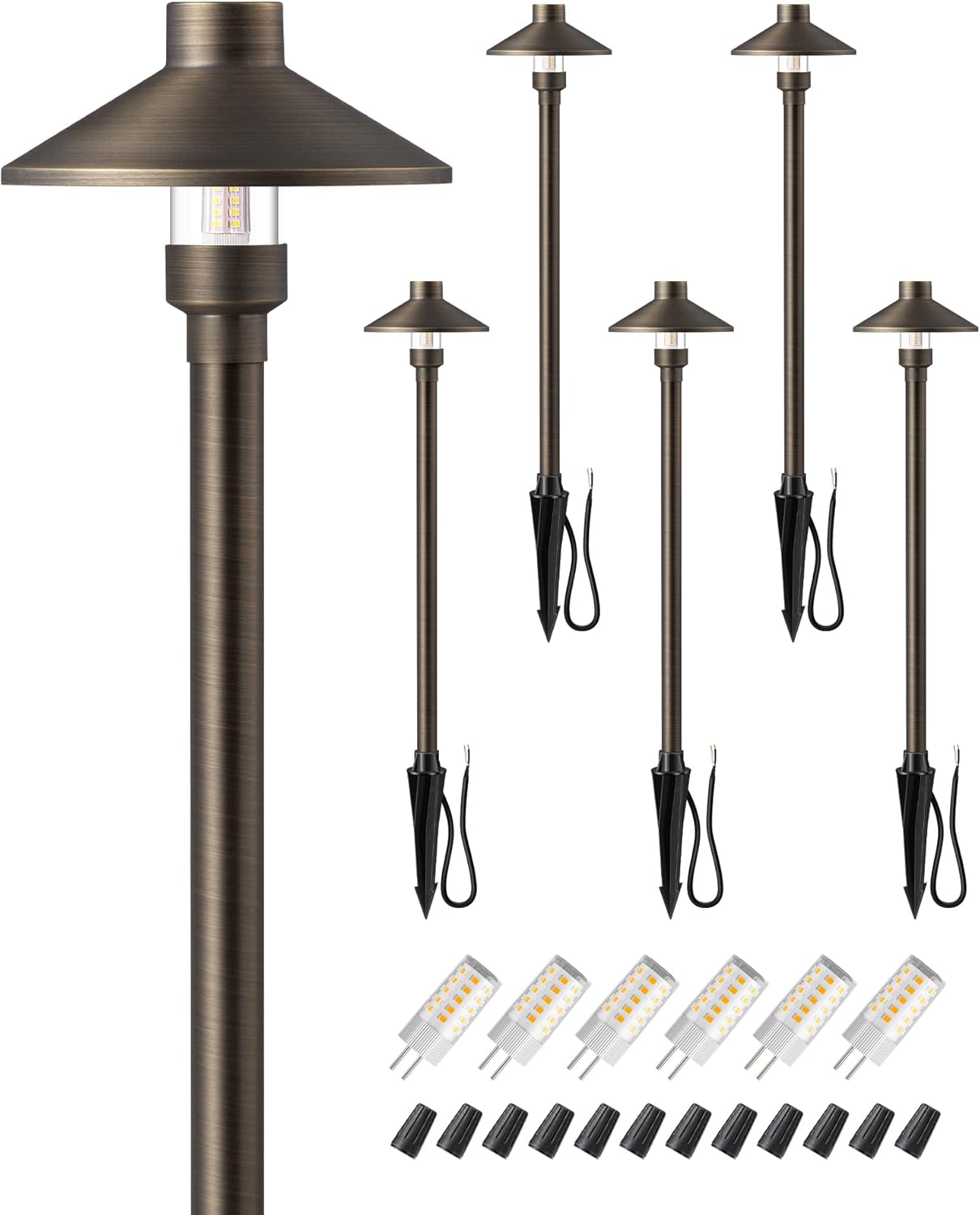 EDISHINE Solid Brass Low Voltage Landscape Lighting, 22" Tall 6" Shade w/ G4 Bulb, 6Pack 12V 350LM Heavy Duty Outdoor Landscape Path Light, Waterproof Bronze LED Pathway Lights Wired with Large Stake