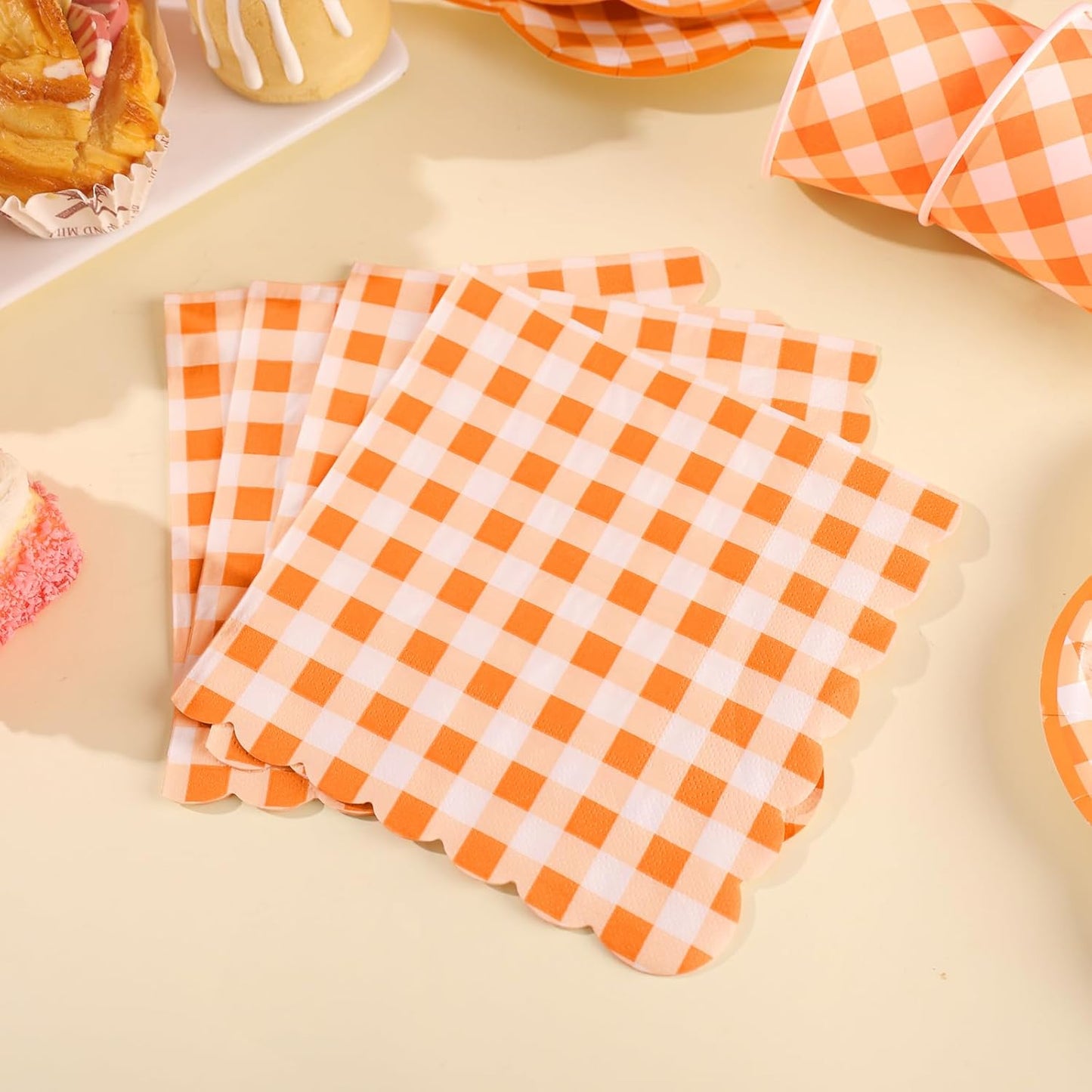 350 Pcs Orange and White Gingham Party Supplies - Orange Gingham Paper Plates and Napkins Sets Serve 50 - Scalloped Checkered Plates for Birthday Picnic Fall Halloween Thanksgivng Party Decorations