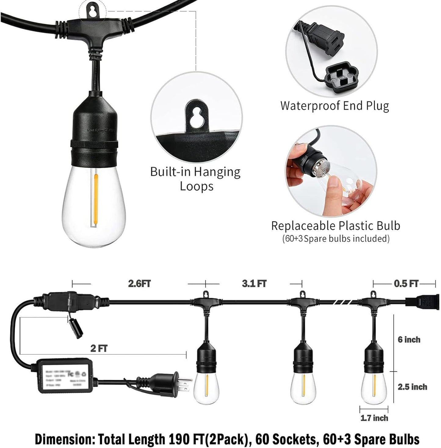 190FT Remote Controlled Outdoor String Lights Patio String Lights for Outside, 60+3 Shatterproof S14 Warm Lights String Outdoor for Bistro Café Gazebo Backyard, Linkable, 2 Pack