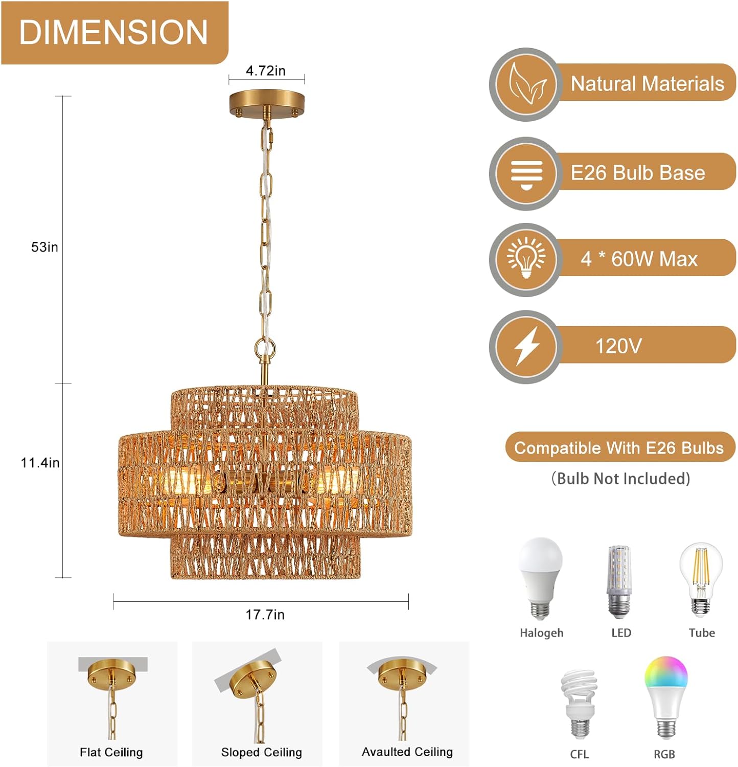 Hand-Woven Rattan Chandelier Vintage 4-Light 17.7" Farmhouse Boho Bamboo Chandelier Light Fixture Retro 3-Tier Drum Wicker Rattan Golden Chandeliers for Dining Room, Kitchen Island, Bedroom