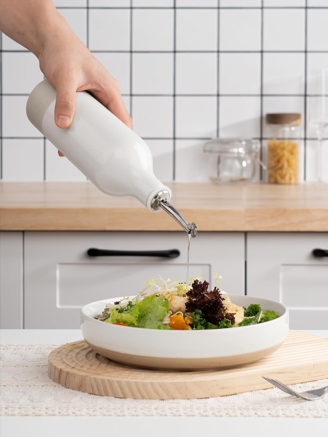 famiware Milkyway 16oz Ceramic Olive Oil Dispenser Bottle, Olive Oil and Vinegar Dispenser Bottle Set of 2 with Stainless Steel Pourers, Suitable for Storage Vinegar, Liquids, White and Dark Gray