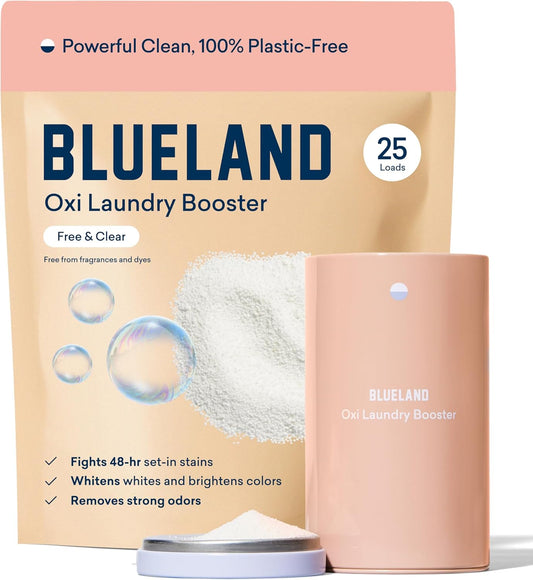 BLUELAND Oxi Laundry Booster Powder with Tin, Starter Set, Fragrance Free & Clear, 25 Loads, 17.6 oz, Plastic-Free, Eco Friendly, Oxy Cleaner, Stain Remover