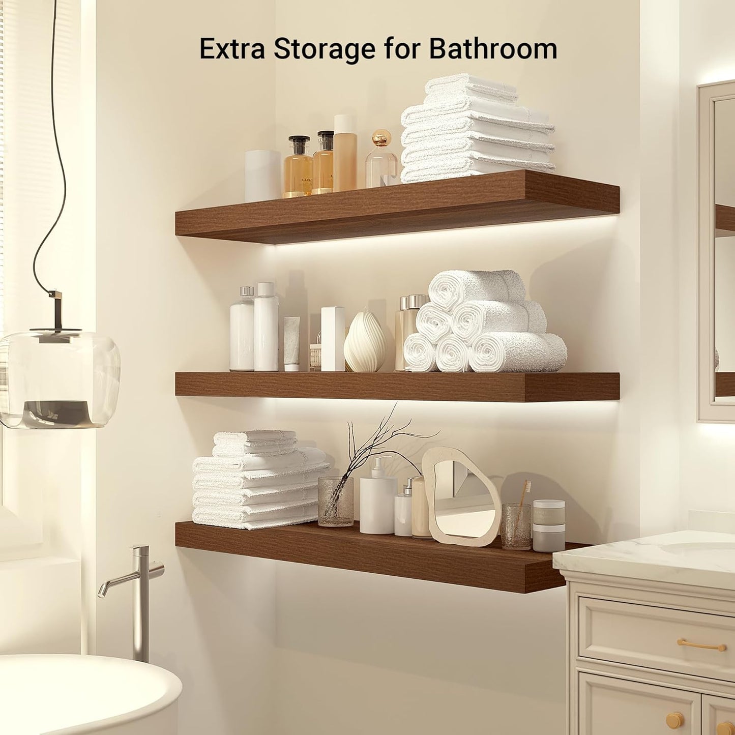 Heimlove 24 x 12 Inch Deep Floating Shelves Wall Mounted with Invisible Brackets,Storage Hanging Shelf for Wall Decor in Bathroom, Bedroom, Toilet, Kitchen, Living Room, Office Set of 1 (Walnut)