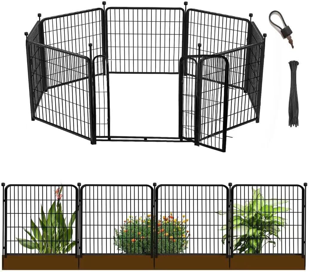 36 in(H) Garden Fence With Gate, Wide Gate Low Threshold, 8 Panels Total 17.7 ft(L) Heavy Duty Iron Animal Barrier Fence For Yard, Suitable For Indoor Or Outdoor Dog Fencing,Garden Border Fence