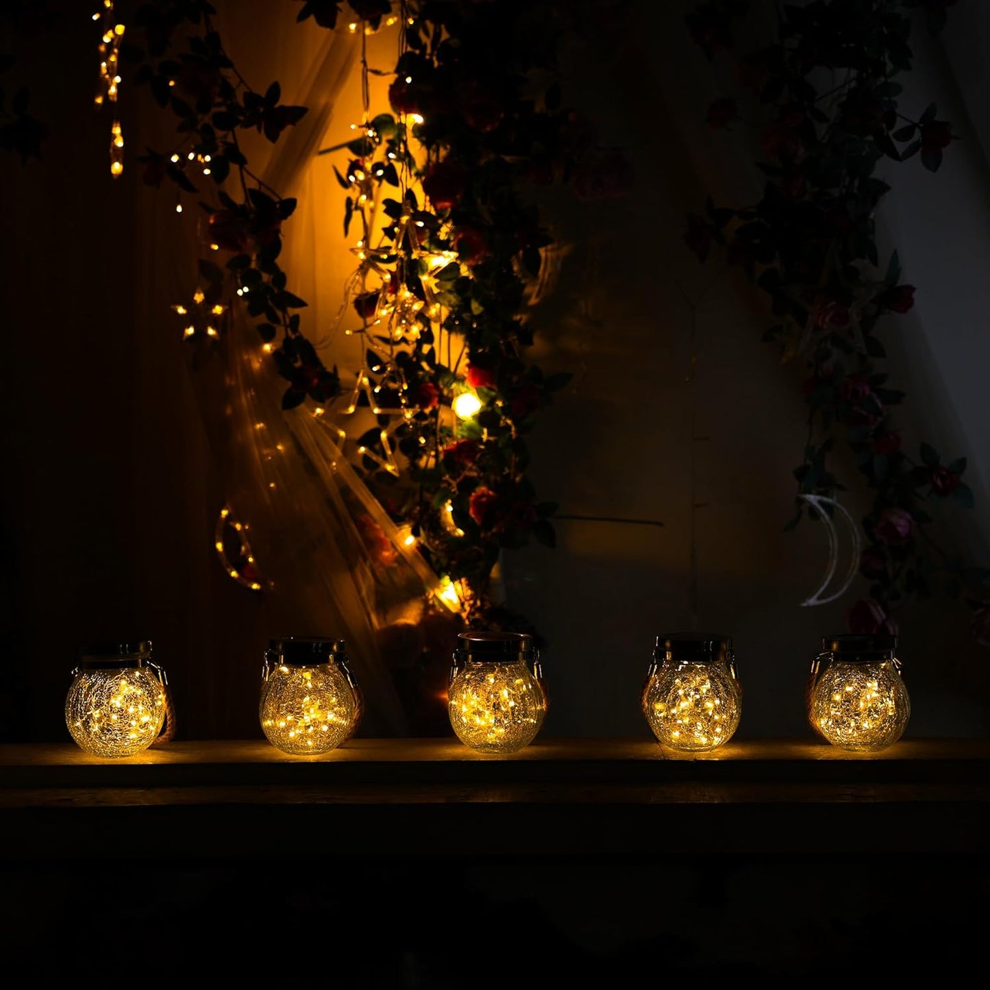 Cooo 6 Pack Heavy Crackle Glass Solar Lantern with 30 LED Firefly Lights– Waterproof Outdoor Hanging Lamp 215% Larger Solar Panel, Stainless Steel Lid Decorative Lighting for Garden Patio Table