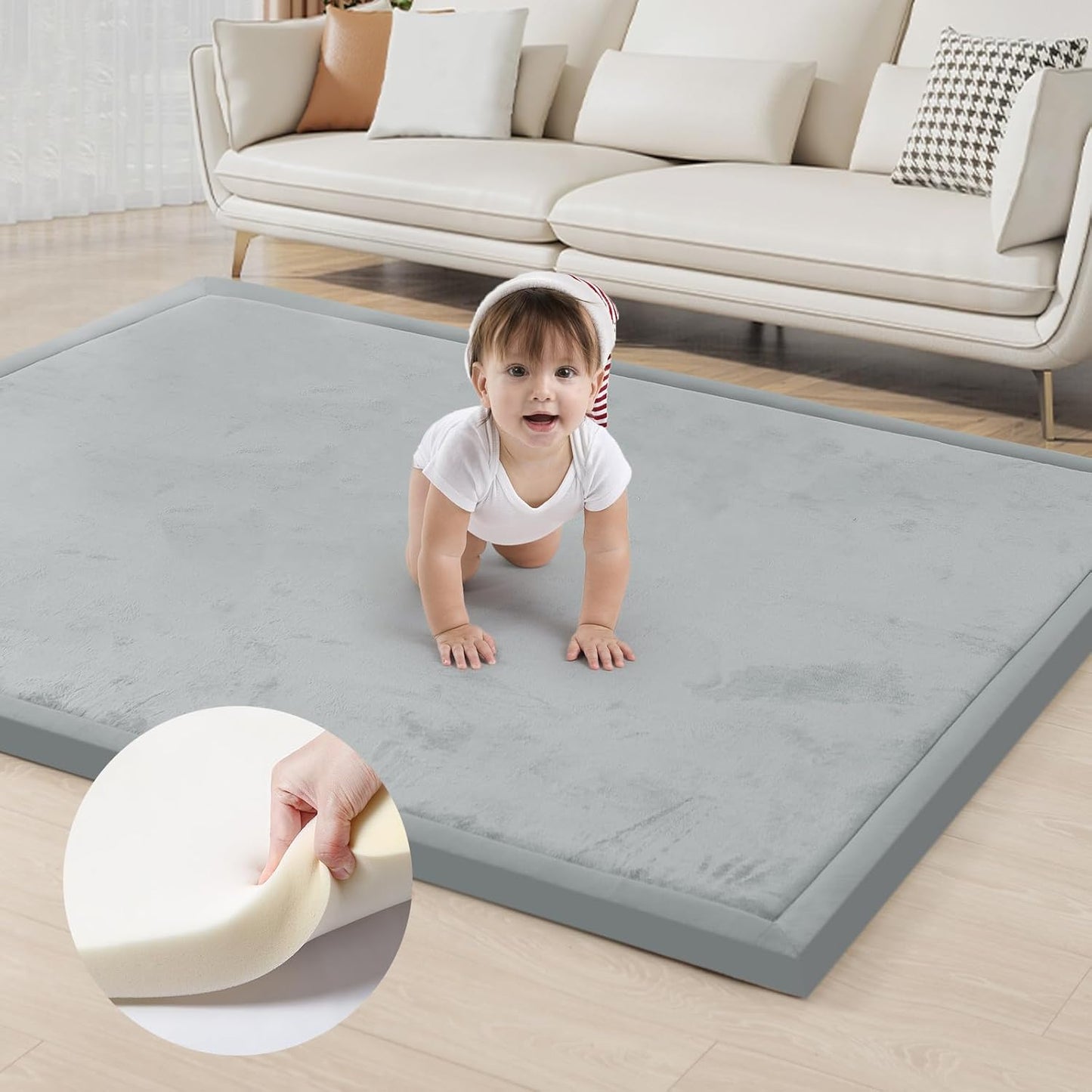 ACOMOPACK Baby Play Mat for Floor 1.3" Thick Memory Foam Play Mat 79"×118" Tummy Time Crawling with Non-Slip Bottom for Living Room,Nursery,Soft Velvet Playpen Mats for Kids,Infants（Light Grey）
