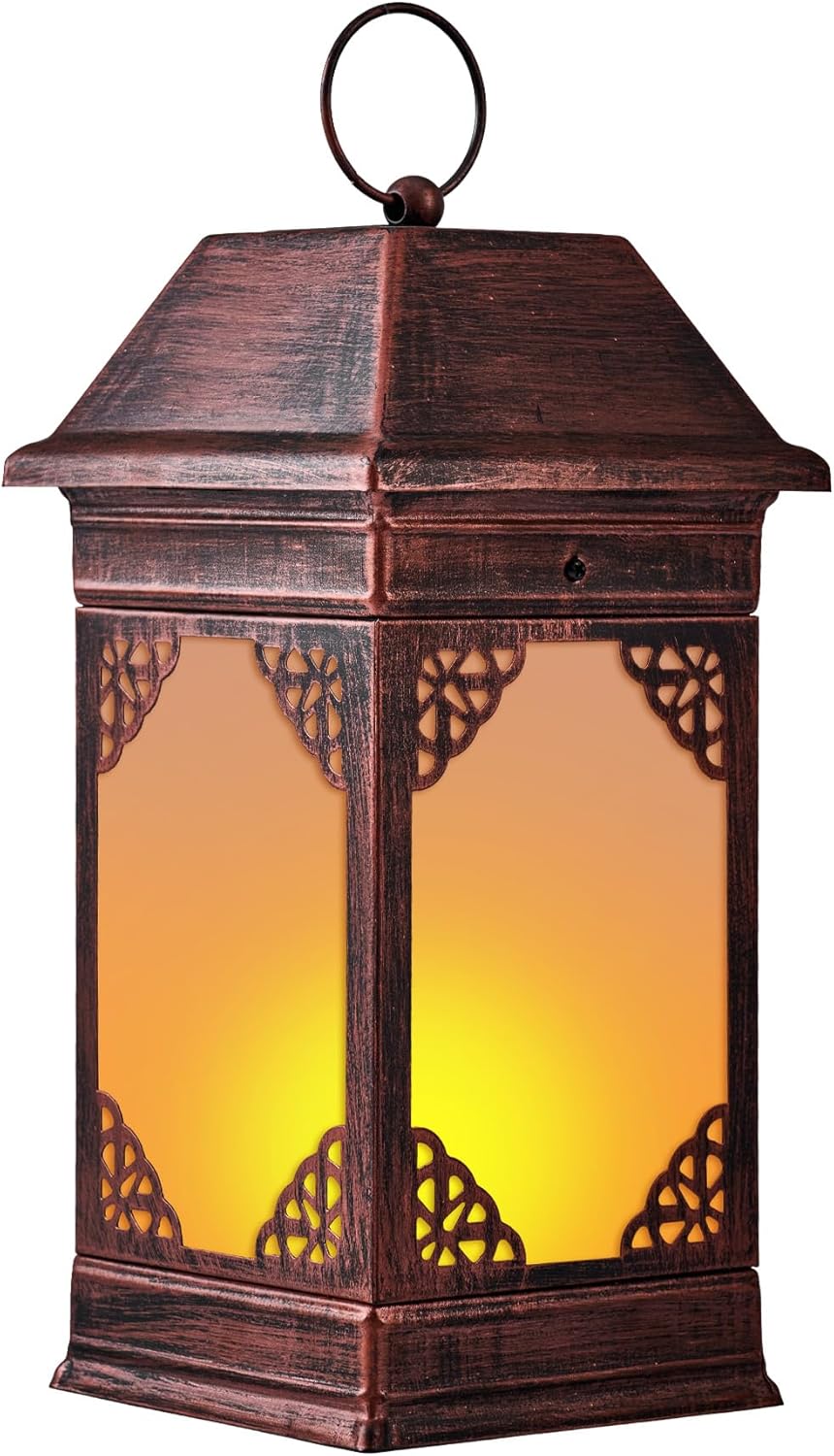 14" Solar Lanterns Outdoor Waterproof, Glass Flickering Flame Solar Lantern, Hanging Metal Lantern Decorative for Patio Front Porch Garden Backyard Tabletop Party Decoration