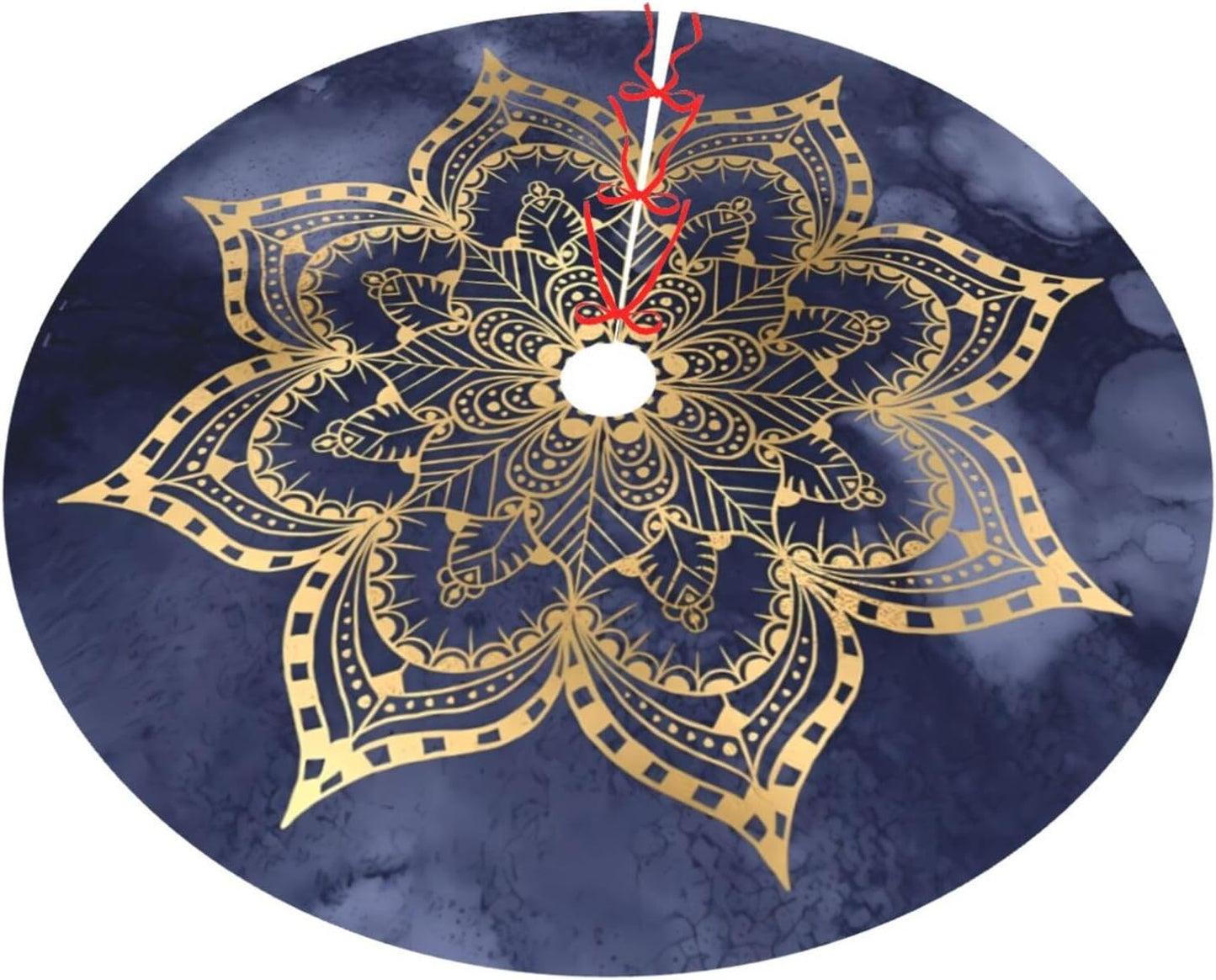 36" Large Christmas Tree Skirt, Boho Mandala Gold Navy Blue Ink Texture Round Cushion Pattern Tree Mat Base Cover for Xmas Festive Holiday Party Decoration Ornaments